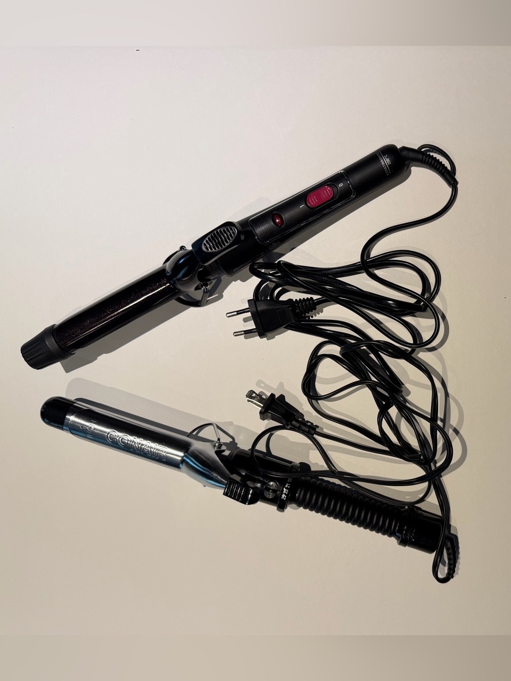 Set of Two: 1” Barrel Curling Irons - One with US Plug, the Other with EU Plug